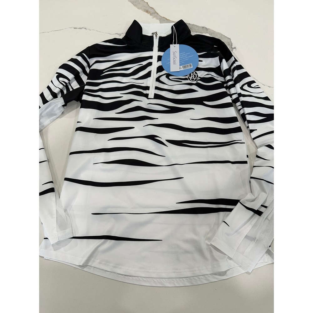 SanSoleil SolCool Zebra Print Quarter Zip Performance Top White Black Medium